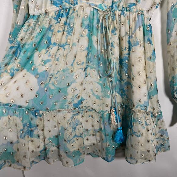 Hemant & Nandita Blue Floral Georgette Metallic Mini Dress XS Sheer *Read - Picture 6 of 11